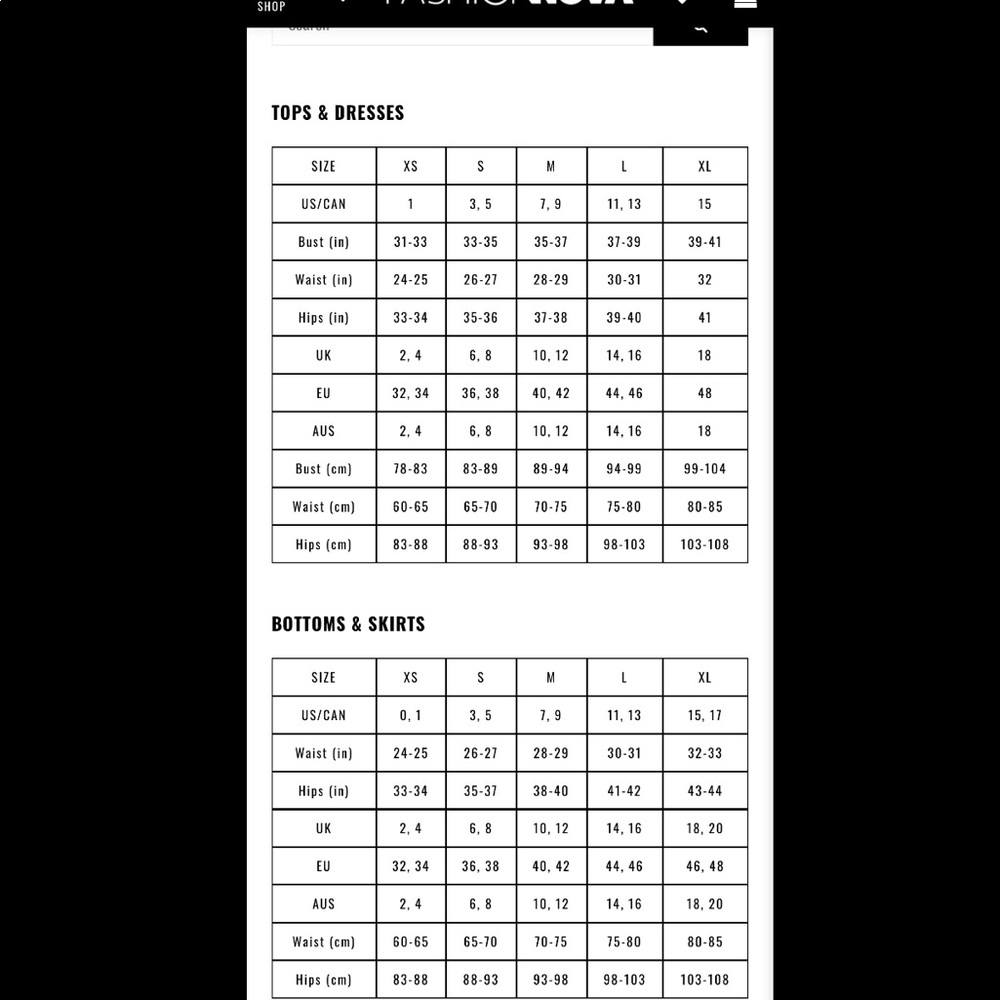 Fashionnova Size Chart